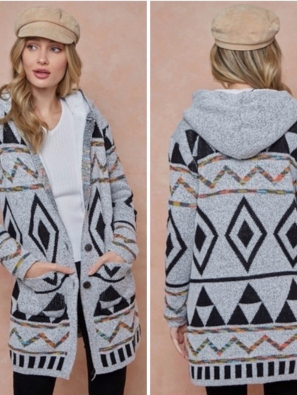 NORTHERN ANGEL Hooded Aztec Knit Cardigan Sweater in Light Gray
